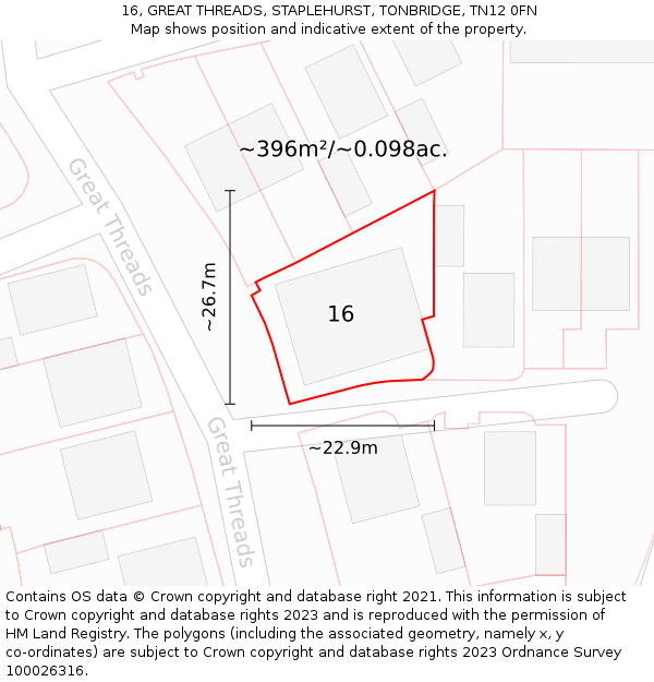 16, GREAT THREADS, STAPLEHURST, TONBRIDGE, TN12 0FN: Plot and title map