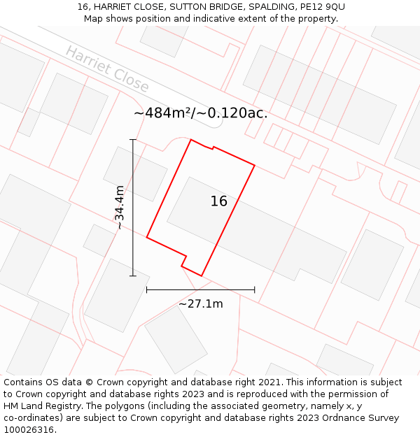 16, HARRIET CLOSE, SUTTON BRIDGE, SPALDING, PE12 9QU: Plot and title map