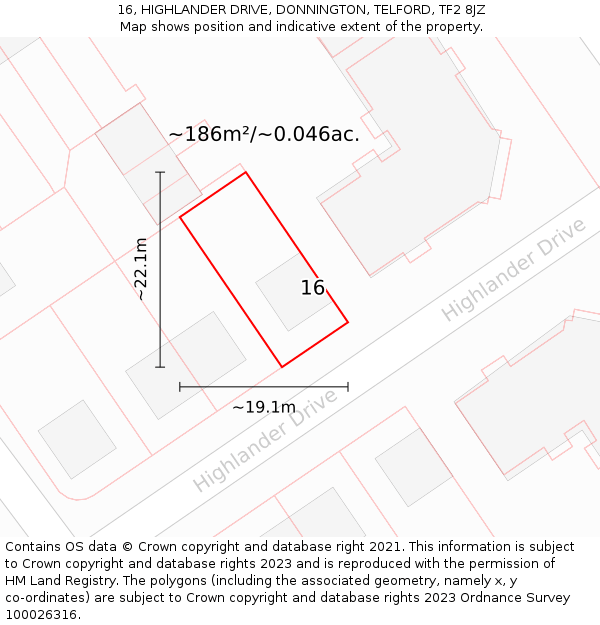 16, HIGHLANDER DRIVE, DONNINGTON, TELFORD, TF2 8JZ: Plot and title map