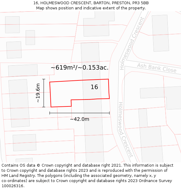 16, HOLMESWOOD CRESCENT, BARTON, PRESTON, PR3 5BB: Plot and title map