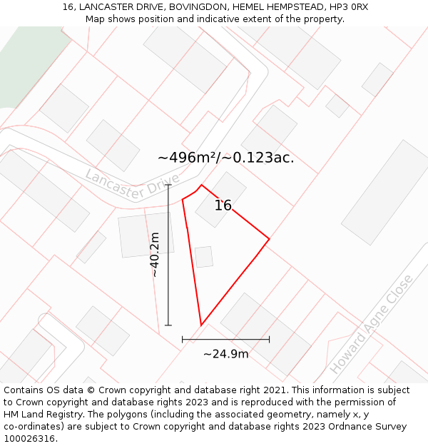 16, LANCASTER DRIVE, BOVINGDON, HEMEL HEMPSTEAD, HP3 0RX: Plot and title map