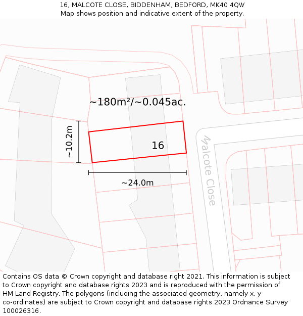16, MALCOTE CLOSE, BIDDENHAM, BEDFORD, MK40 4QW: Plot and title map