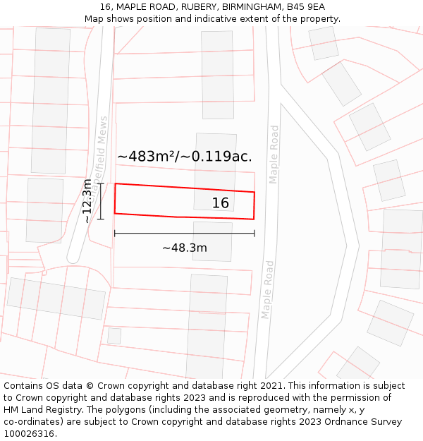 16, MAPLE ROAD, RUBERY, BIRMINGHAM, B45 9EA: Plot and title map