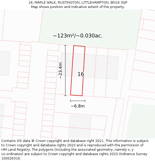16, MAPLE WALK, RUSTINGTON, LITTLEHAMPTON, BN16 3QP: Plot and title map