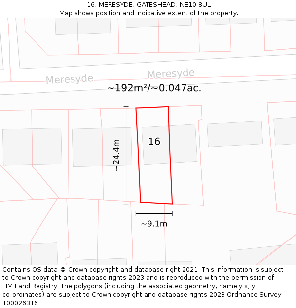 16, MERESYDE, GATESHEAD, NE10 8UL: Plot and title map