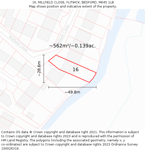 16, MILLFIELD CLOSE, FLITWICK, BEDFORD, MK45 1LB: Plot and title map