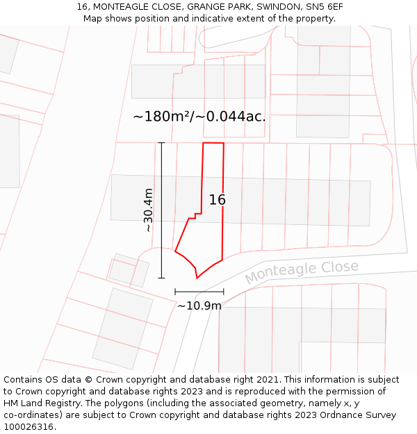 16, MONTEAGLE CLOSE, GRANGE PARK, SWINDON, SN5 6EF: Plot and title map