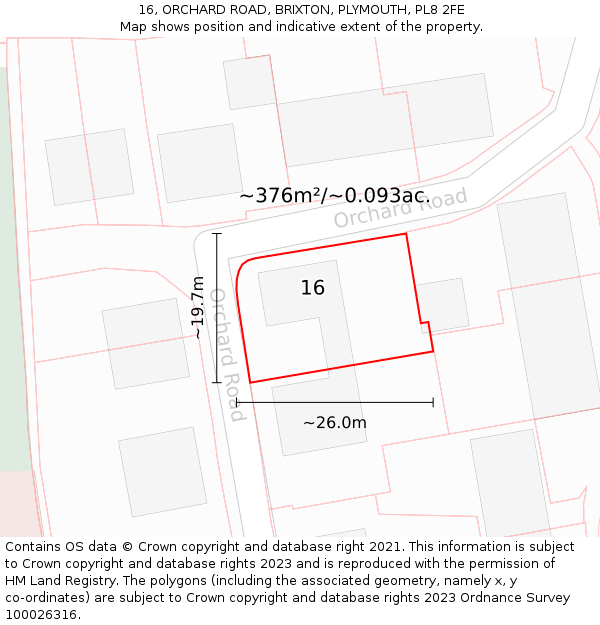 16, ORCHARD ROAD, BRIXTON, PLYMOUTH, PL8 2FE: Plot and title map
