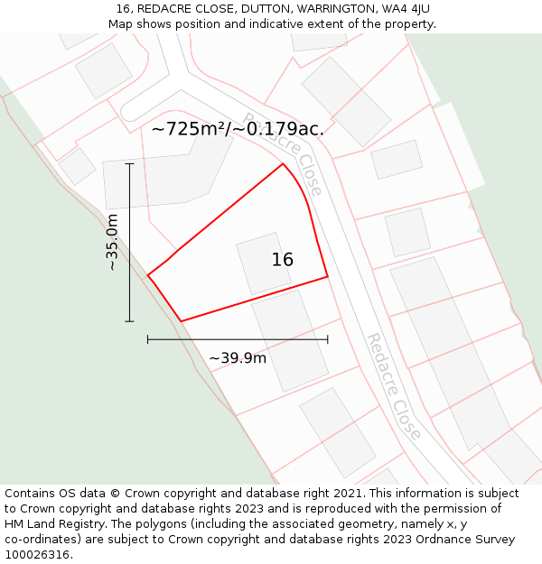 16, REDACRE CLOSE, DUTTON, WARRINGTON, WA4 4JU: Plot and title map