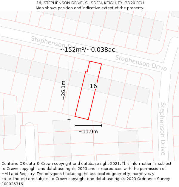 16, STEPHENSON DRIVE, SILSDEN, KEIGHLEY, BD20 0FU: Plot and title map