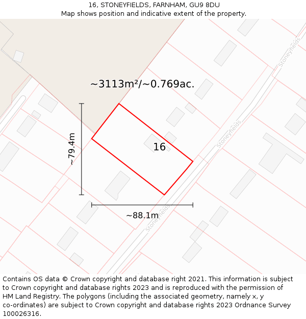 16, STONEYFIELDS, FARNHAM, GU9 8DU: Plot and title map