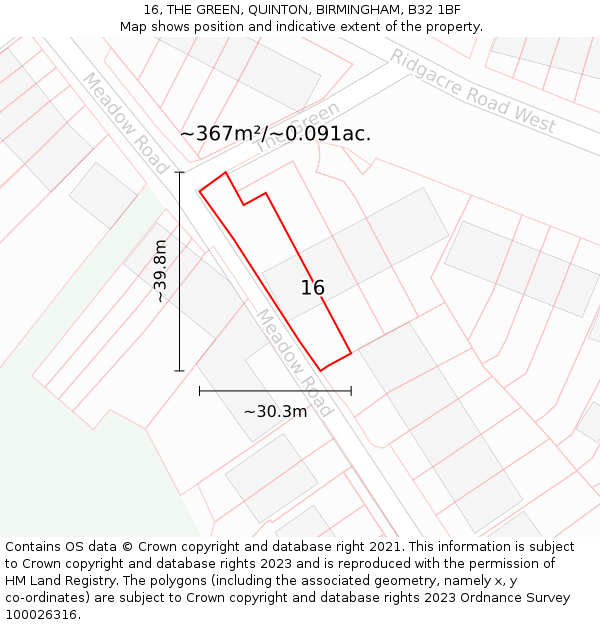 16, THE GREEN, QUINTON, BIRMINGHAM, B32 1BF: Plot and title map