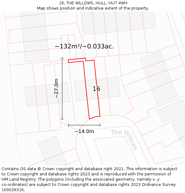 16, THE WILLOWS, HULL, HU7 4WH: Plot and title map