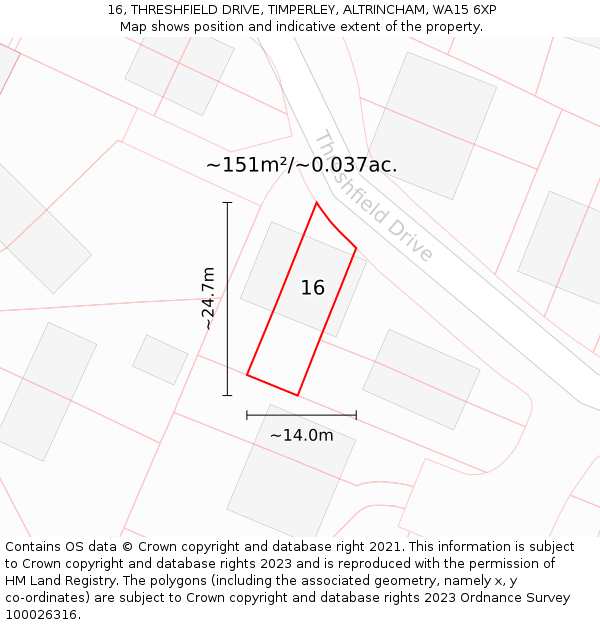 16, THRESHFIELD DRIVE, TIMPERLEY, ALTRINCHAM, WA15 6XP: Plot and title map
