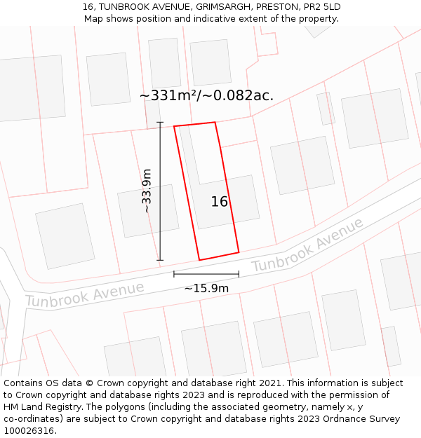 16, TUNBROOK AVENUE, GRIMSARGH, PRESTON, PR2 5LD: Plot and title map