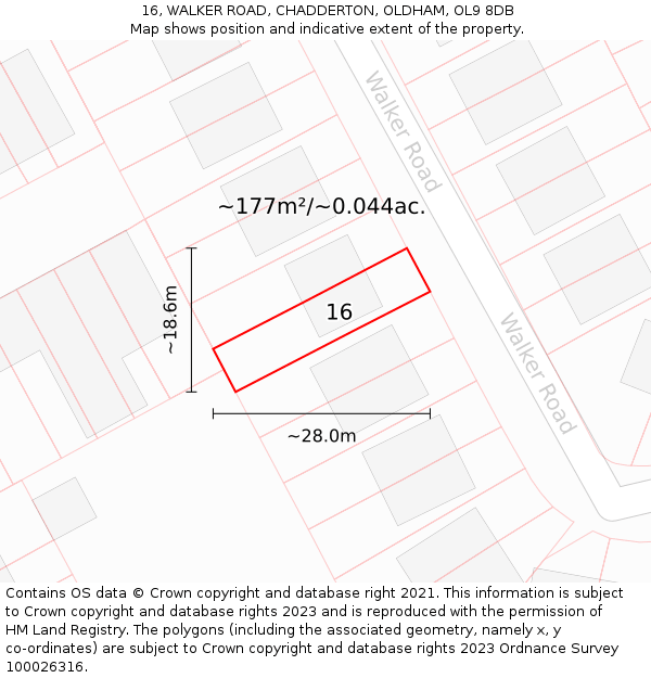 16, WALKER ROAD, CHADDERTON, OLDHAM, OL9 8DB: Plot and title map