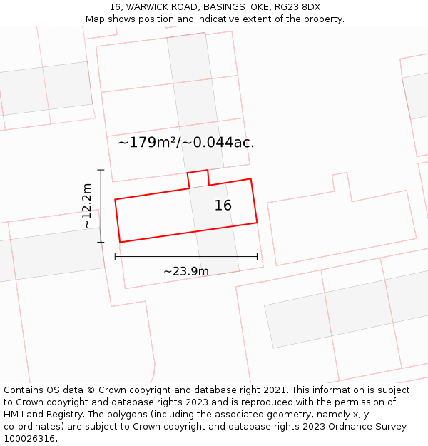 16, WARWICK ROAD, BASINGSTOKE, RG23 8DX: Plot and title map
