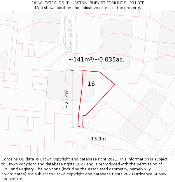 16, WHEATFIELDS, THURSTON, BURY ST EDMUNDS, IP31 3TE: Plot and title map