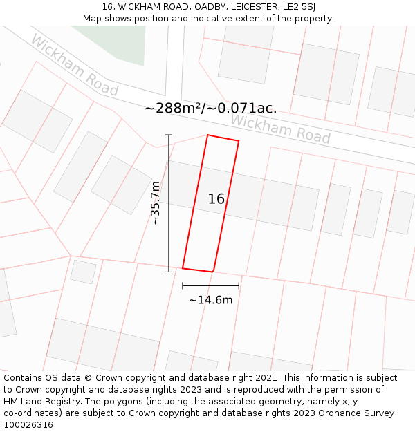 16, WICKHAM ROAD, OADBY, LEICESTER, LE2 5SJ: Plot and title map