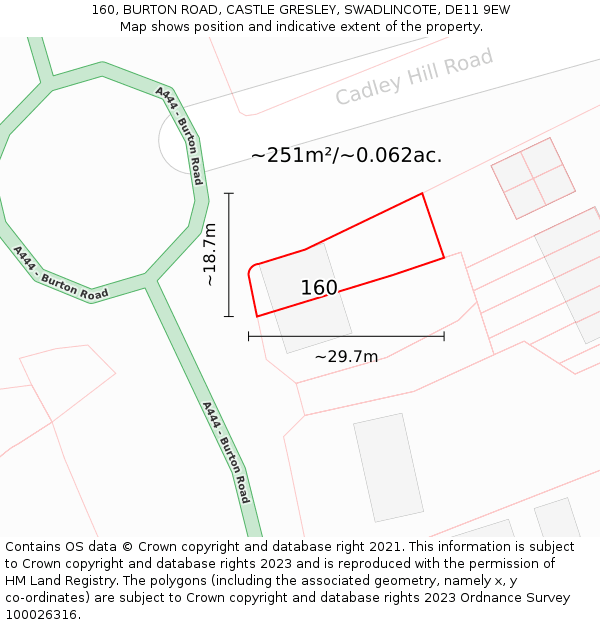 160, BURTON ROAD, CASTLE GRESLEY, SWADLINCOTE, DE11 9EW: Plot and title map