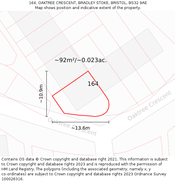 164, OAKTREE CRESCENT, BRADLEY STOKE, BRISTOL, BS32 9AE: Plot and title map