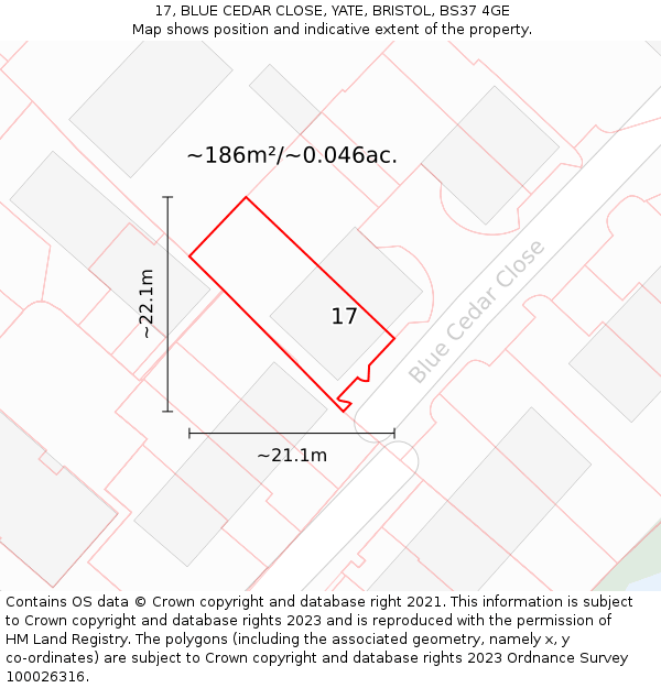17, BLUE CEDAR CLOSE, YATE, BRISTOL, BS37 4GE: Plot and title map