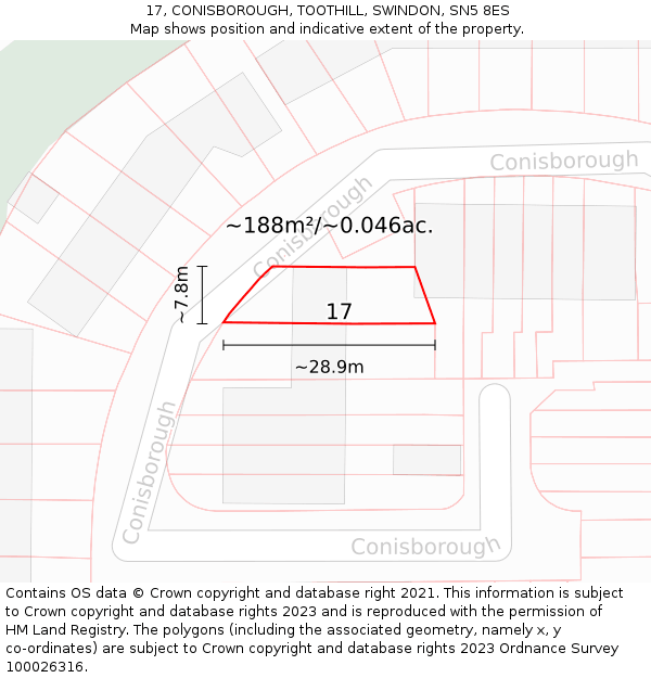 17, CONISBOROUGH, TOOTHILL, SWINDON, SN5 8ES: Plot and title map