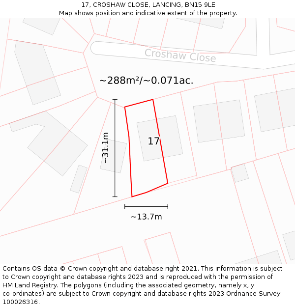 17, CROSHAW CLOSE, LANCING, BN15 9LE: Plot and title map