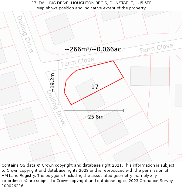 17, DALLING DRIVE, HOUGHTON REGIS, DUNSTABLE, LU5 5EF: Plot and title map