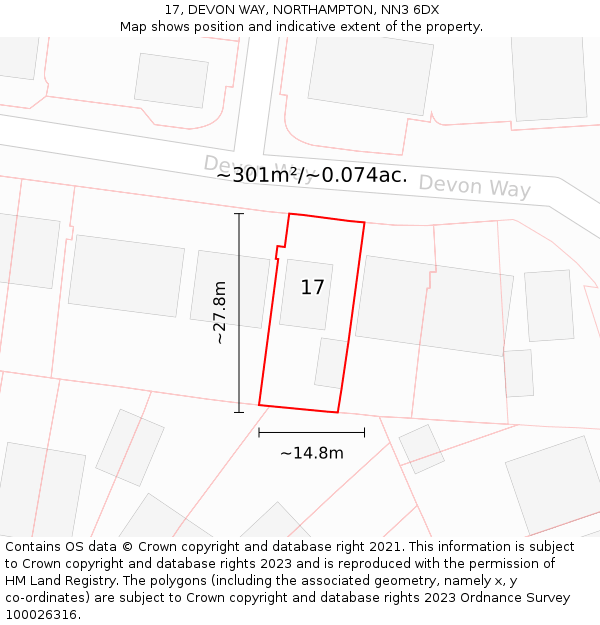 17, DEVON WAY, NORTHAMPTON, NN3 6DX: Plot and title map