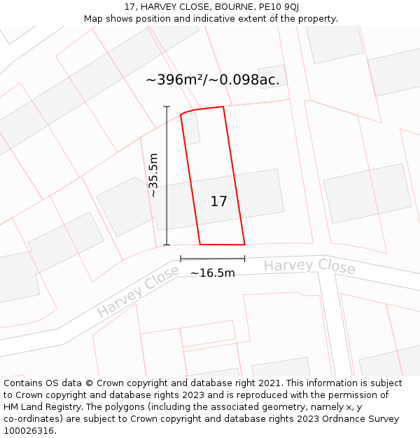 17, HARVEY CLOSE, BOURNE, PE10 9QJ: Plot and title map