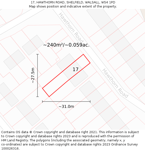 17, HAWTHORN ROAD, SHELFIELD, WALSALL, WS4 1PD: Plot and title map