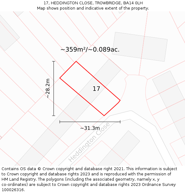 17, HEDDINGTON CLOSE, TROWBRIDGE, BA14 0LH: Plot and title map