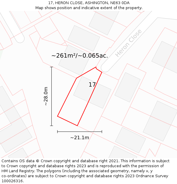 17, HERON CLOSE, ASHINGTON, NE63 0DA: Plot and title map