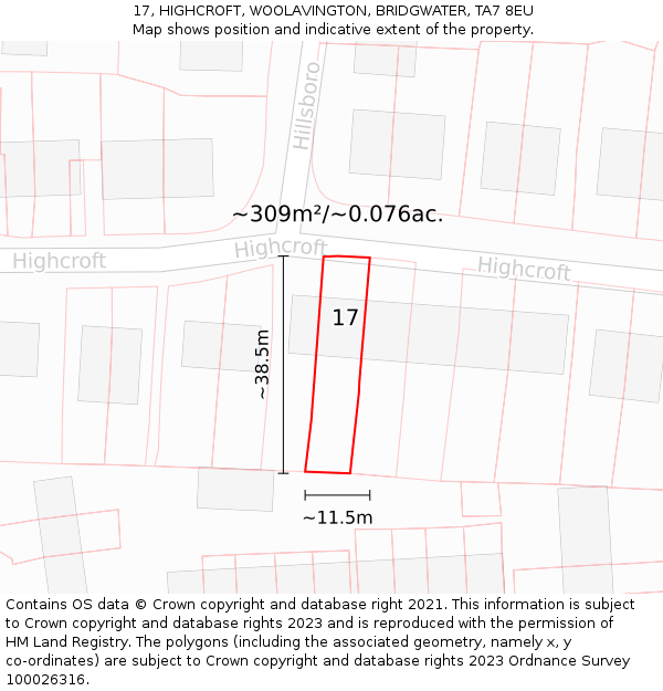 17, HIGHCROFT, WOOLAVINGTON, BRIDGWATER, TA7 8EU: Plot and title map