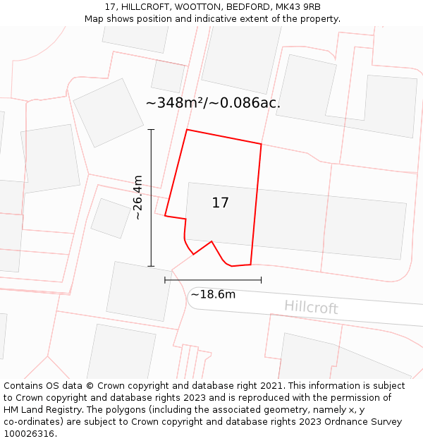 17, HILLCROFT, WOOTTON, BEDFORD, MK43 9RB: Plot and title map