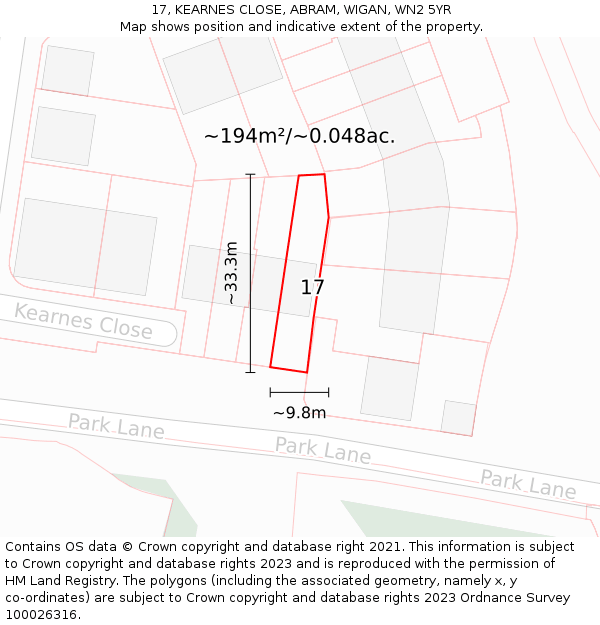 17, KEARNES CLOSE, ABRAM, WIGAN, WN2 5YR: Plot and title map