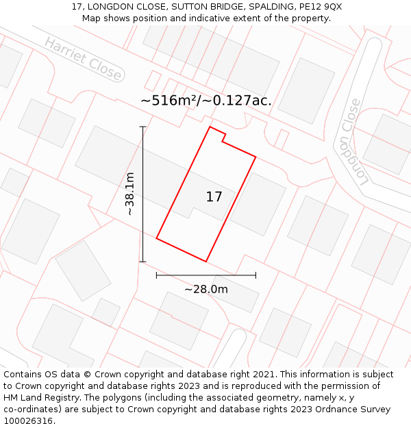 17, LONGDON CLOSE, SUTTON BRIDGE, SPALDING, PE12 9QX: Plot and title map