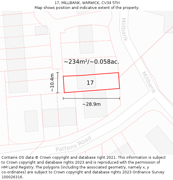17, MILLBANK, WARWICK, CV34 5TH: Plot and title map