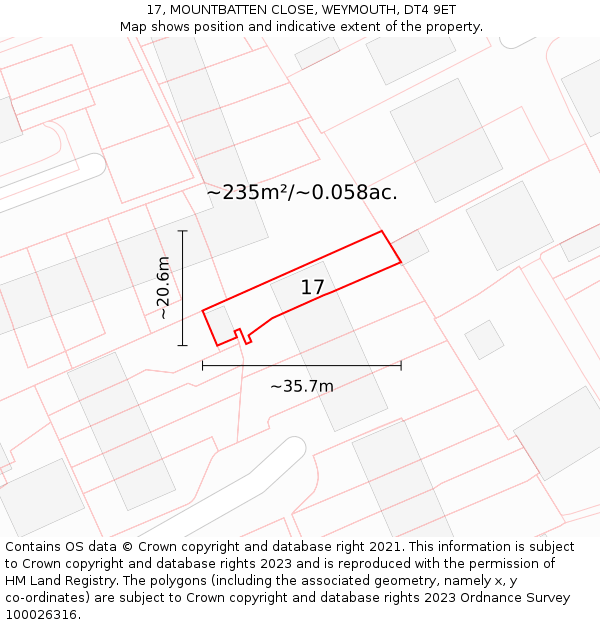 17, MOUNTBATTEN CLOSE, WEYMOUTH, DT4 9ET: Plot and title map