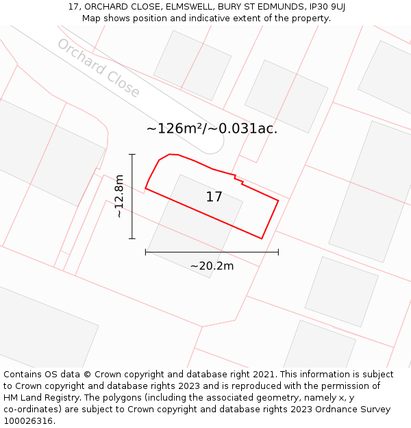 17, ORCHARD CLOSE, ELMSWELL, BURY ST EDMUNDS, IP30 9UJ: Plot and title map