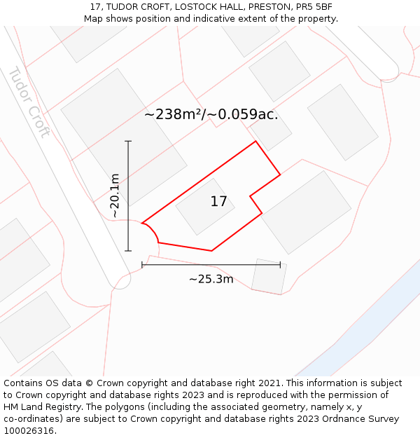 17, TUDOR CROFT, LOSTOCK HALL, PRESTON, PR5 5BF: Plot and title map