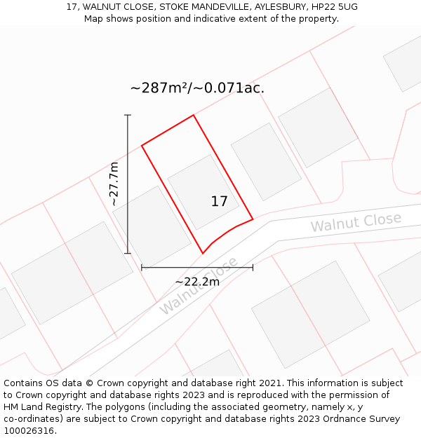 17, WALNUT CLOSE, STOKE MANDEVILLE, AYLESBURY, HP22 5UG: Plot and title map