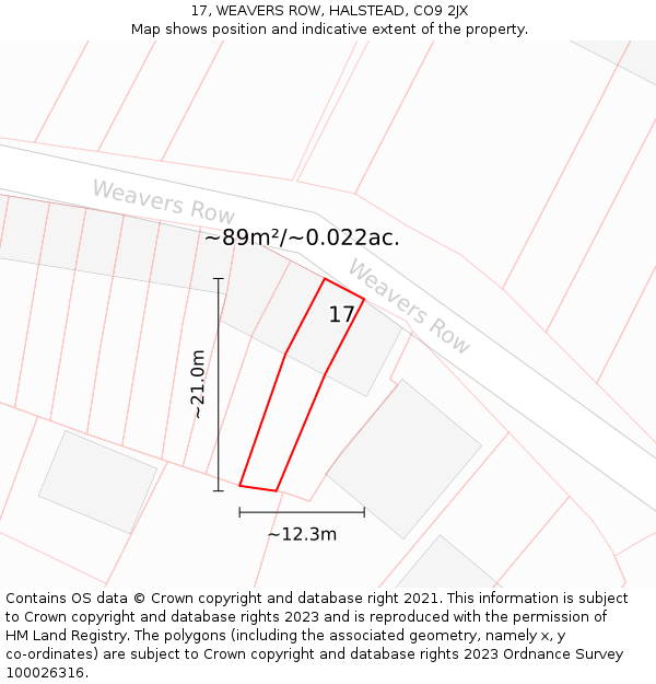 17, WEAVERS ROW, HALSTEAD, CO9 2JX: Plot and title map