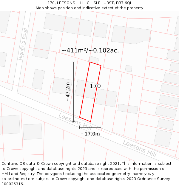 170, LEESONS HILL, CHISLEHURST, BR7 6QL: Plot and title map