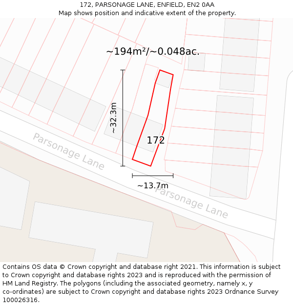 172, PARSONAGE LANE, ENFIELD, EN2 0AA: Plot and title map