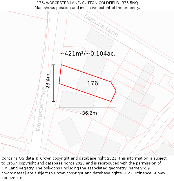 176, WORCESTER LANE, SUTTON COLDFIELD, B75 5NQ: Plot and title map