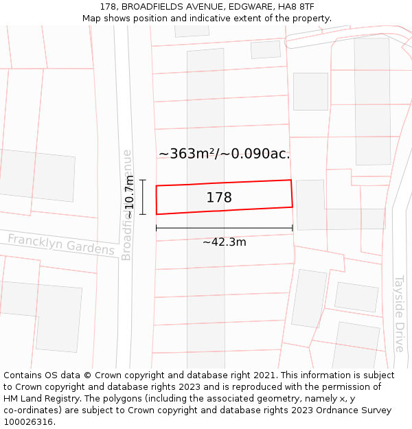 178, BROADFIELDS AVENUE, EDGWARE, HA8 8TF: Plot and title map