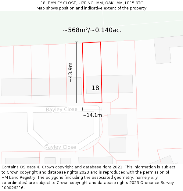 18, BAYLEY CLOSE, UPPINGHAM, OAKHAM, LE15 9TG: Plot and title map