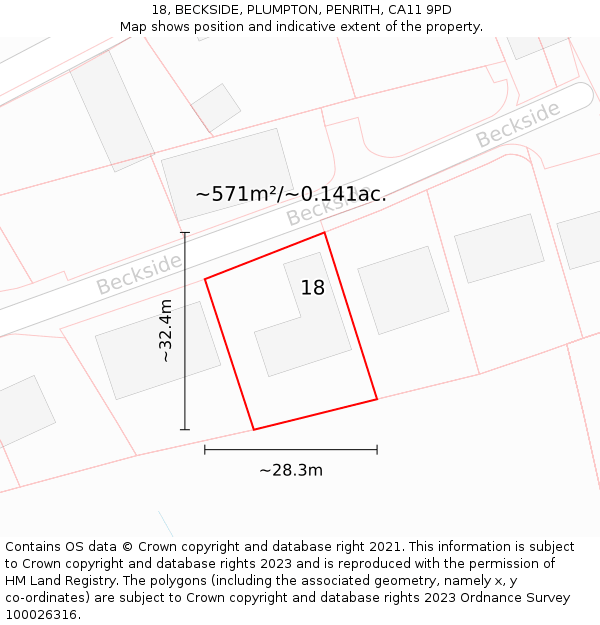 18, BECKSIDE, PLUMPTON, PENRITH, CA11 9PD: Plot and title map